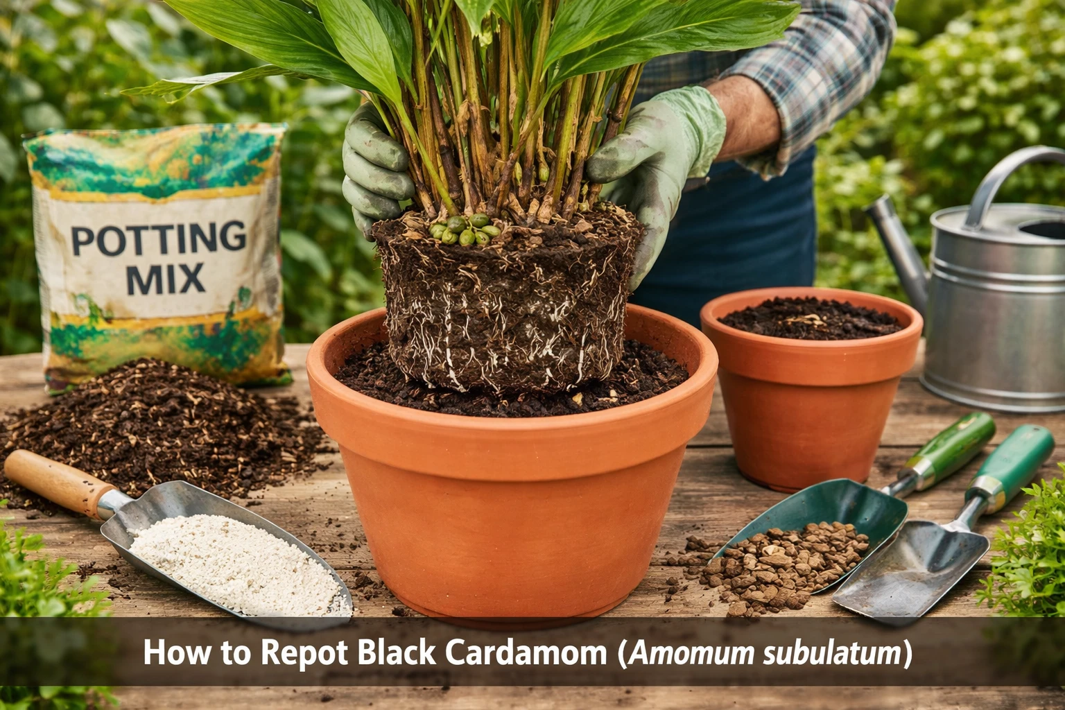 Repotting a black cardamom plant (Amomum subulatum) into a larger container with fresh potting mix to encourage healthy roots, vigorous foliage growth, and long-term tropical plant health.