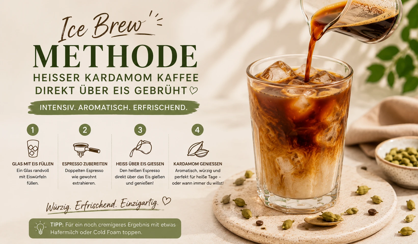 Ice Brew Methode — heißer Kardamom Kaffee direkt über Eiswürfel gebrüht