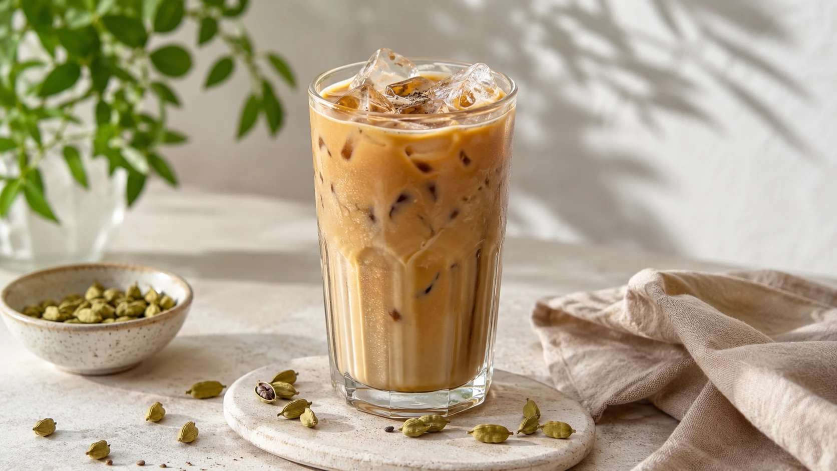 Iced Kardamom Kaffee in hohem Glas mit Eiswürfeln und frischen Kardamomkapseln
