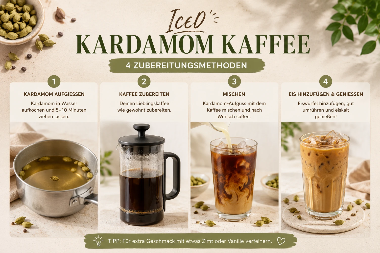 Alle fünf Iced Kardamom Kaffee Methoden nebeneinander — Cold Brew, Espresso, Ice Brew, Shakerato und Sirup-Variante