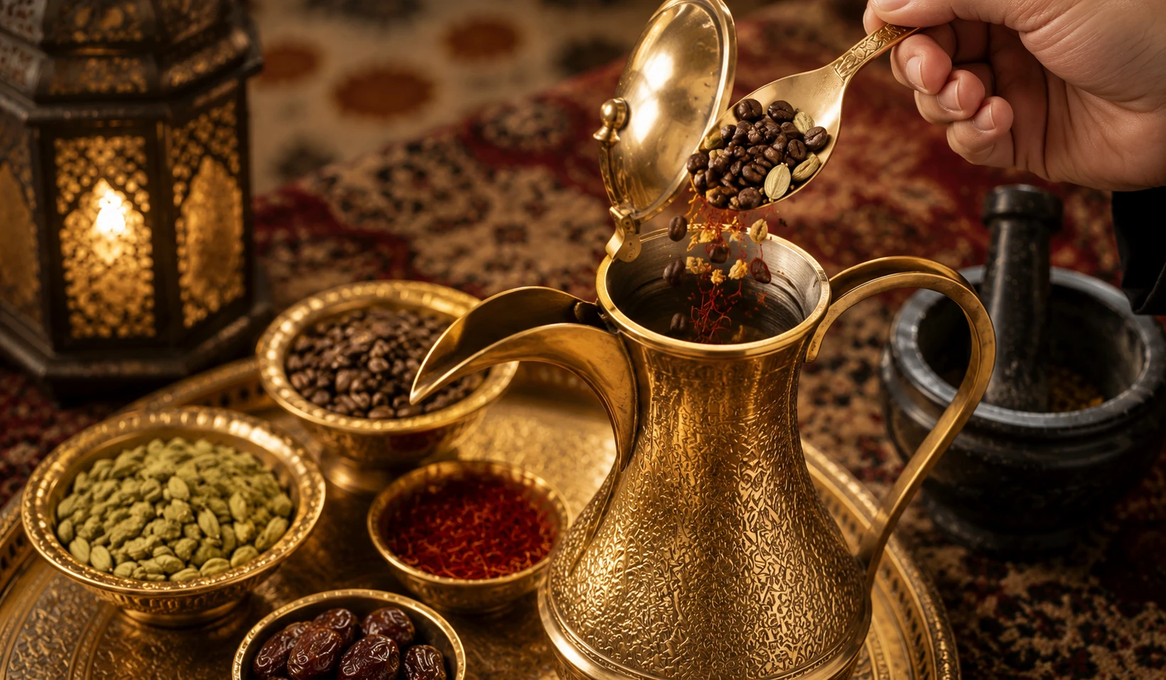 Kaffeebohnen, Kardamom und Ingwer kalt in Dallah einsetzen für arabischen Qahwa