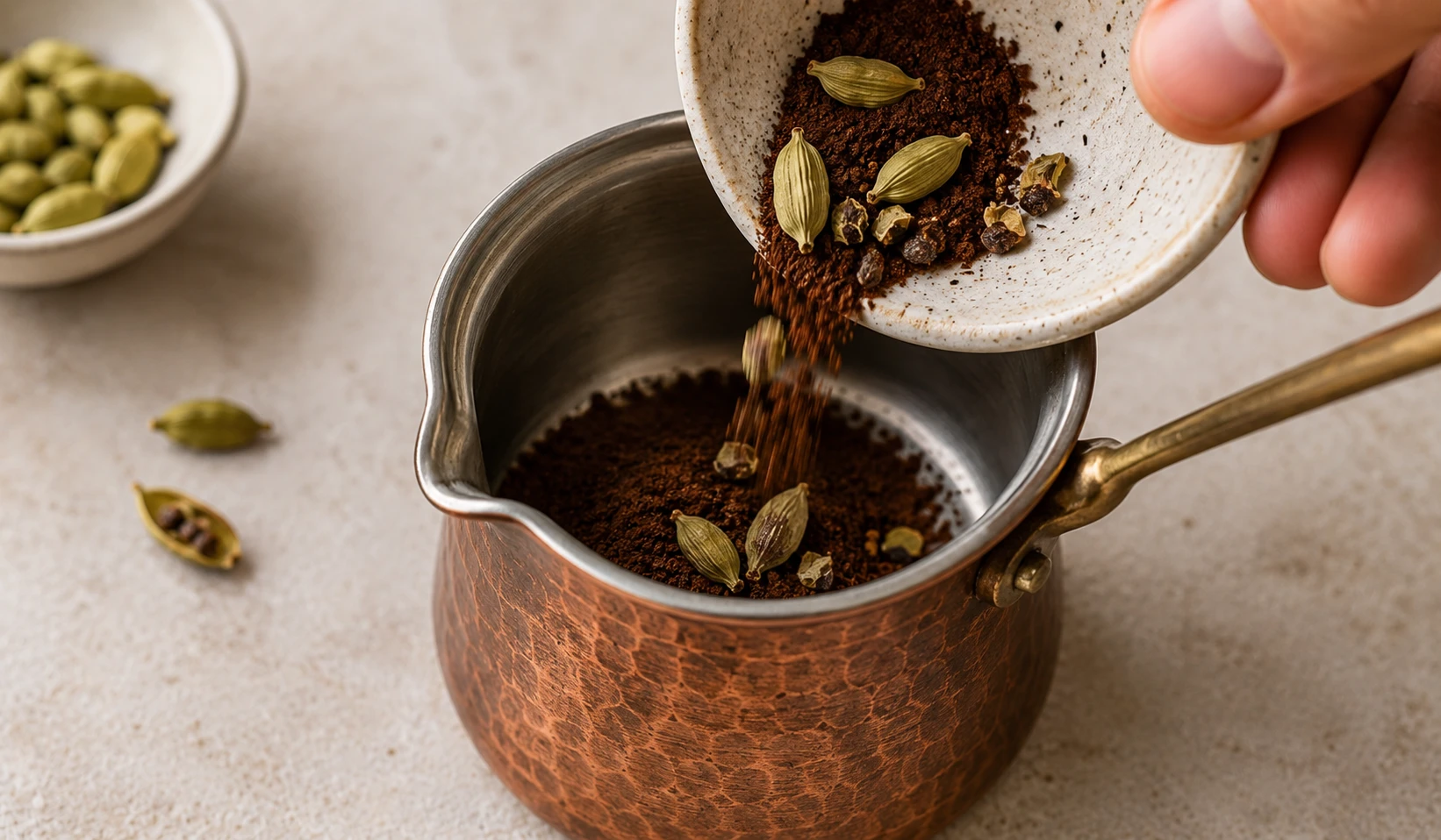 Kaffeepulver und Kardamom kalt in Cezve einsetzen