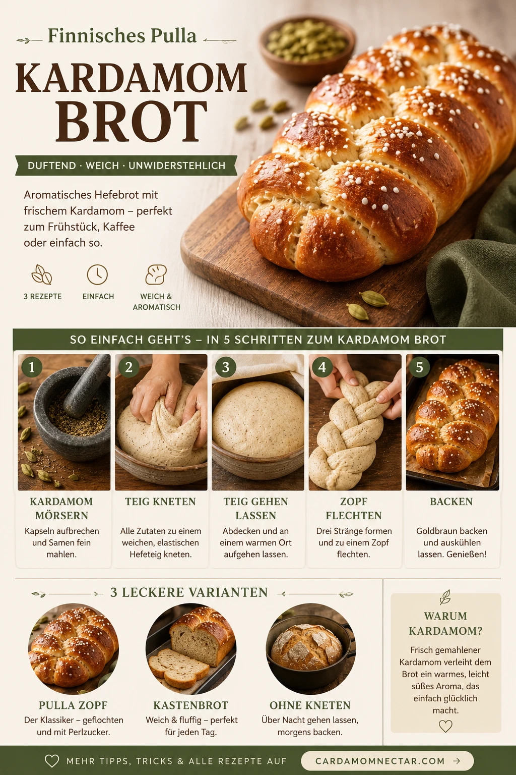 Kardamom Brot Rezept – finnisches Pulla Zopfbrot von oben goldbraun