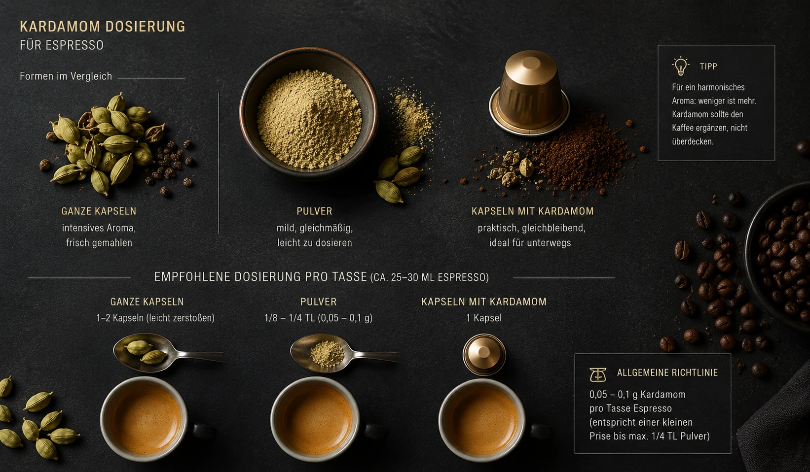 Kardamom Dosierung für Espresso – Pulver, Kapsel und ganze Samen im Vergleich