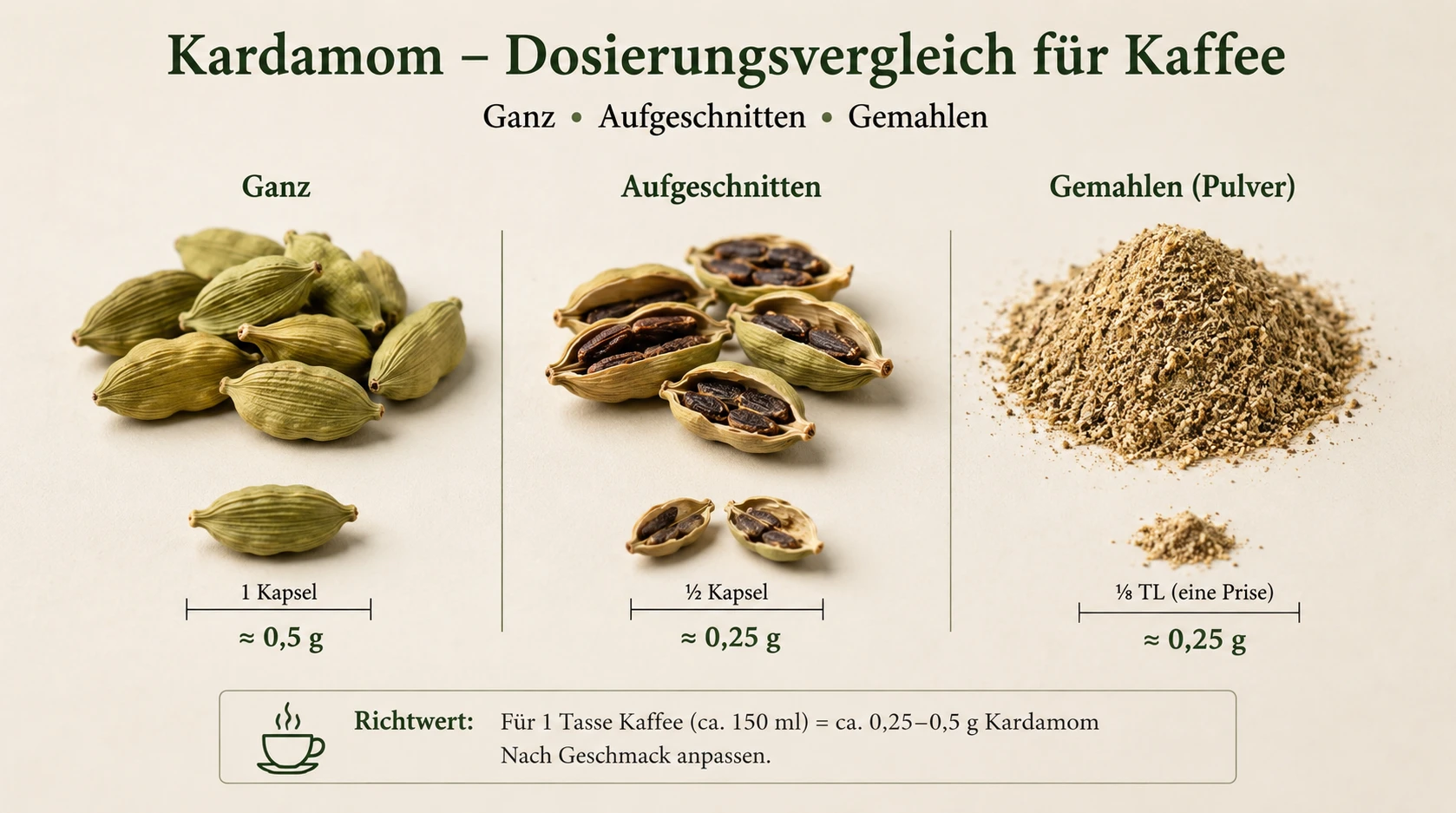 Kardamom ganz, aufgeschnitten und als Pulver – Dosierungsvergleich für Kaffee