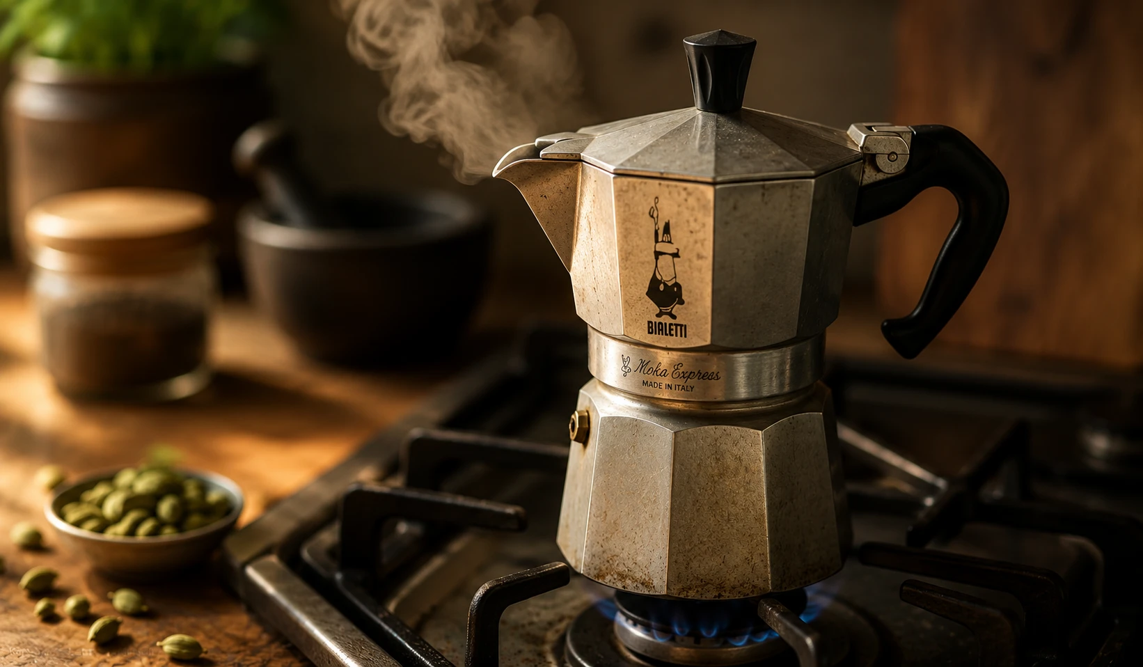 Kardamom Espresso aus der Moka-Kanne – Kaffee brodelt durch Dampfdruck