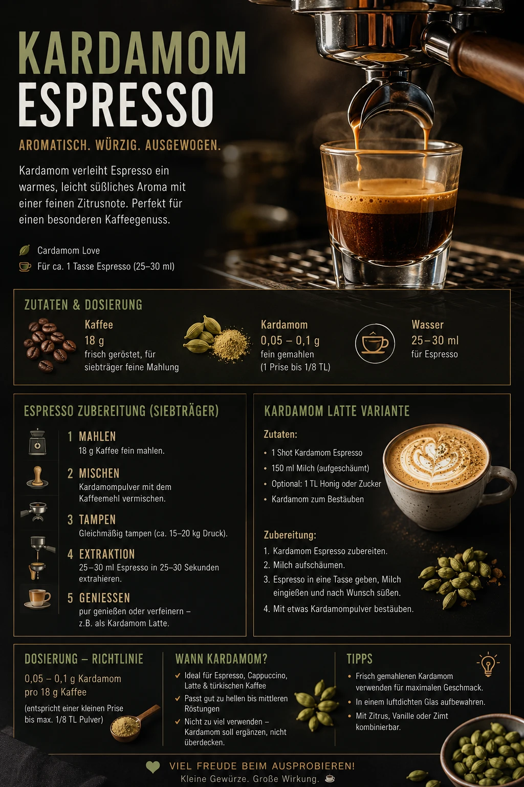 Kardamom Espresso Rezept – Siebträger, Dosierung und Latte-Variante