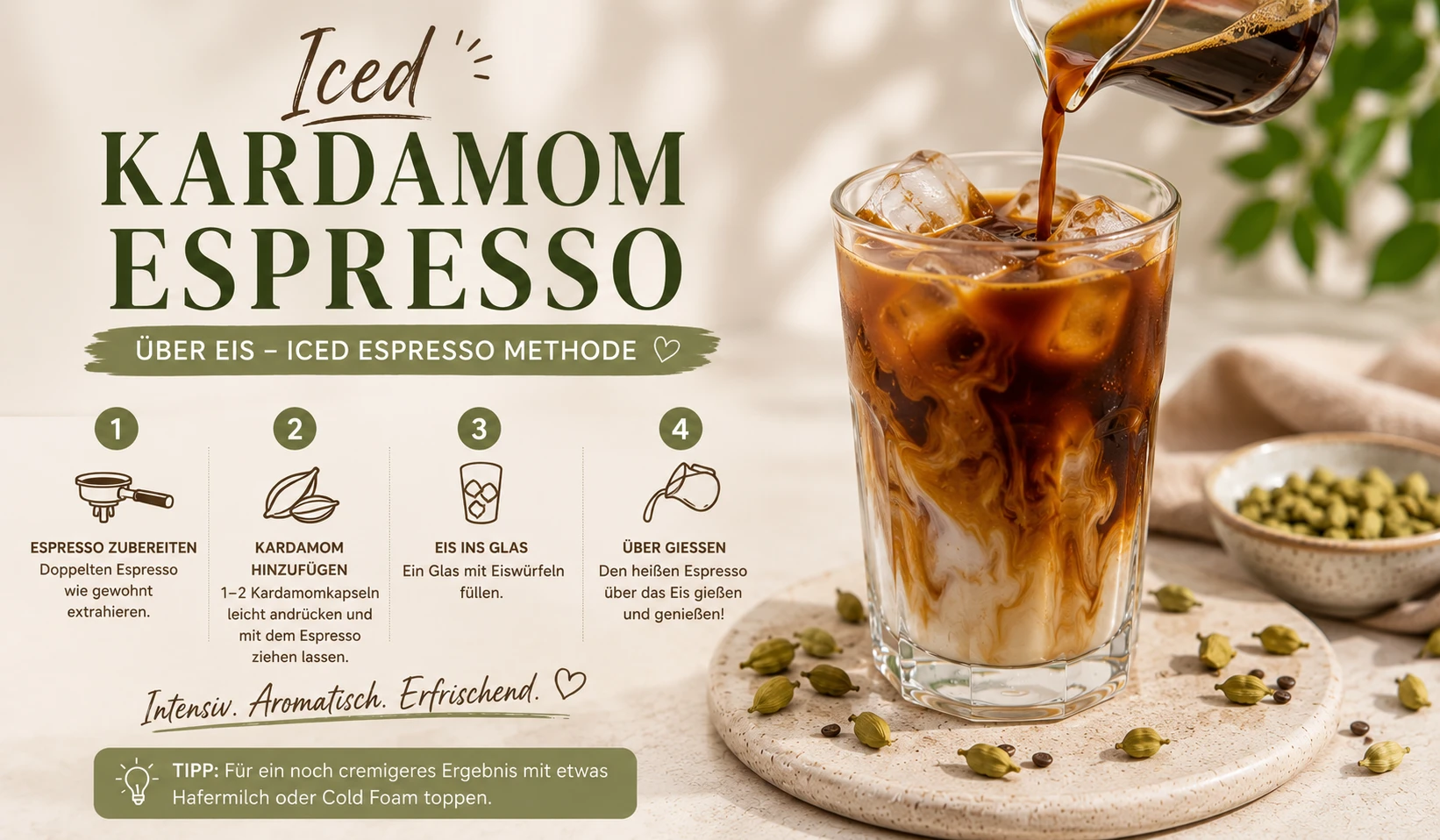 Doppelter Kardamom Espresso wird über Eiswürfel in hohes Glas gegossen