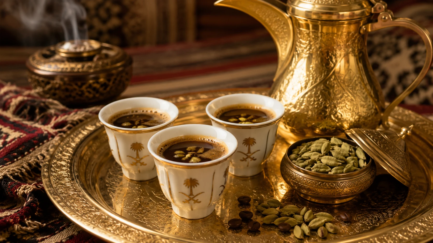 Arabischer Kardamom Kaffee in Dallah-Tassen auf goldenem Tablett mit Datteln