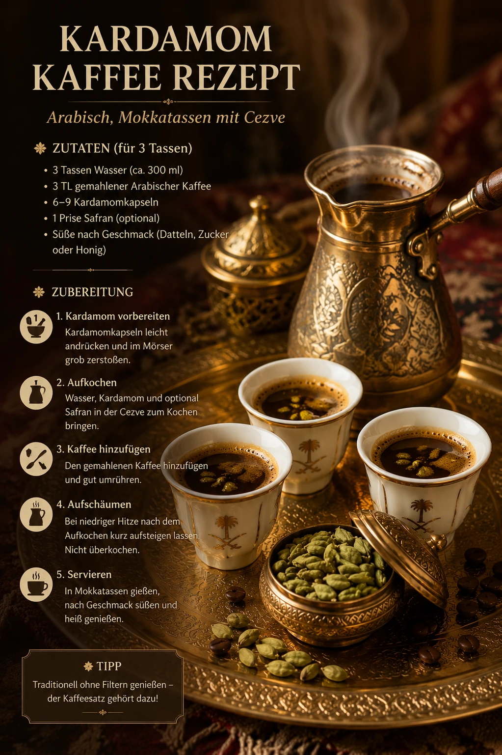 Kardamom Kaffee Rezept – Arabisch, in Mokkatassen mit Cezve und grünen Kardamomkapseln