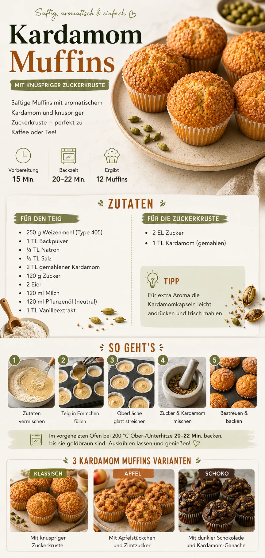 Kardamom Muffins Rezept von oben – klassische Muffins mit Zuckerkruste auf Marmor