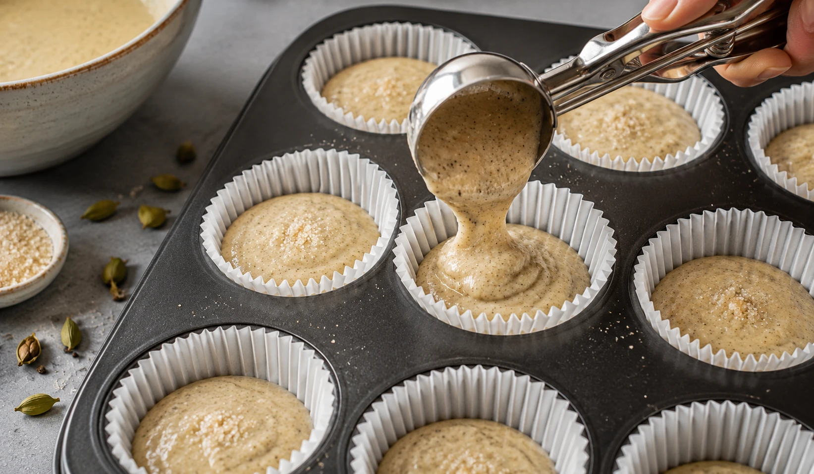 Kardamom Muffin Teig in Papierförmchen füllen – zu 2/3 füllen und Kardamomzucker