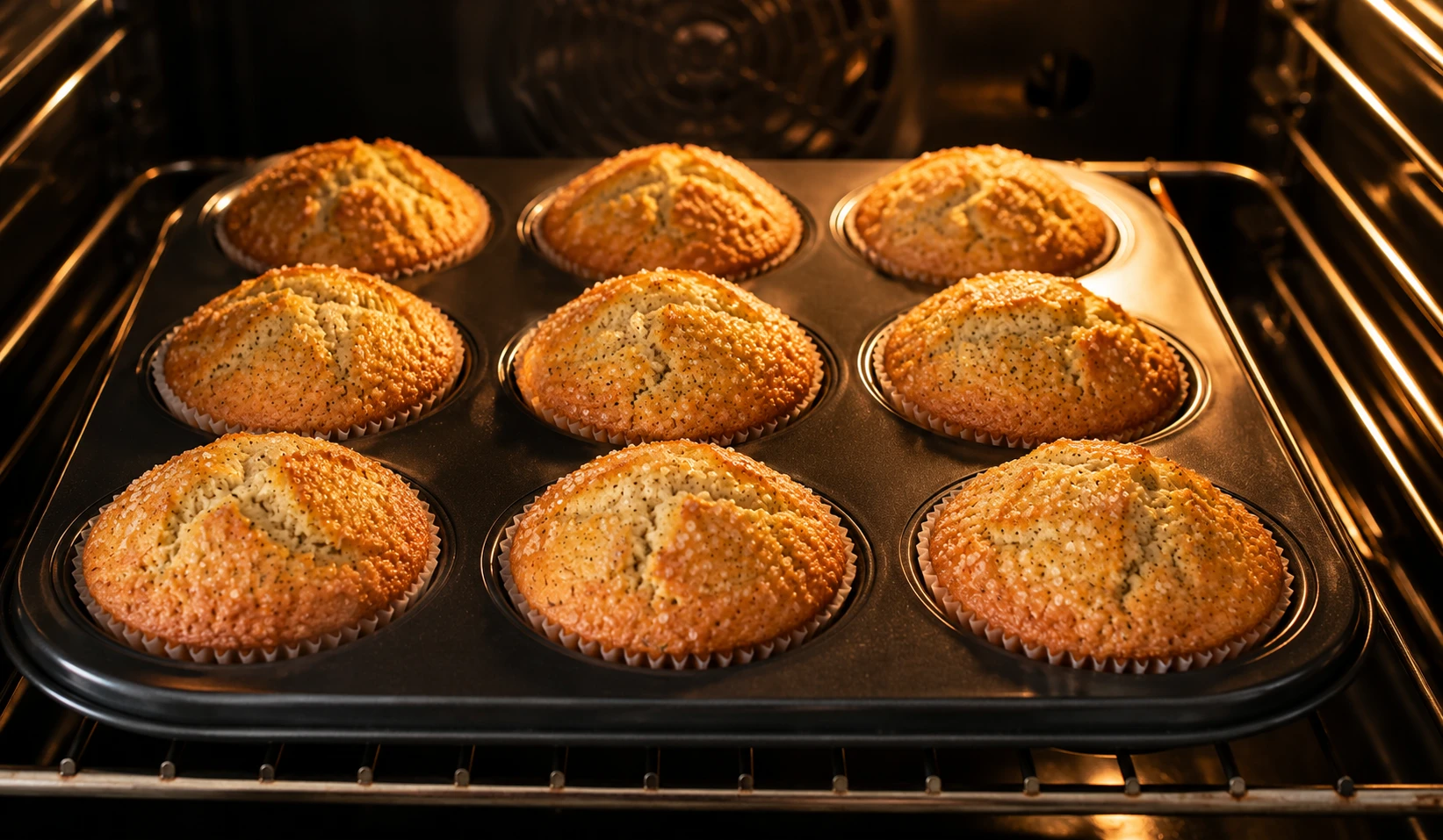 Kardamom Muffins bei 180°C backen – goldbraune gewölbte Haube entsteht