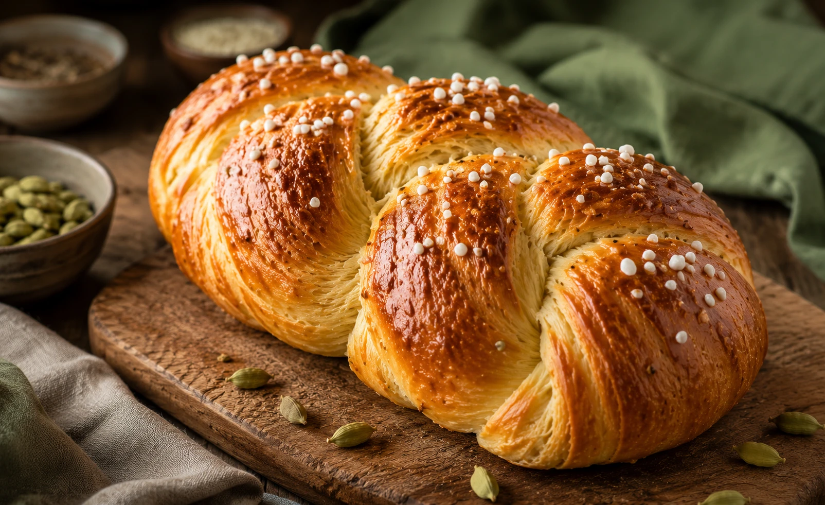 Finnisches Pulla Zopfbrot – geflochtenes Kardamom Hefebrot goldbraun