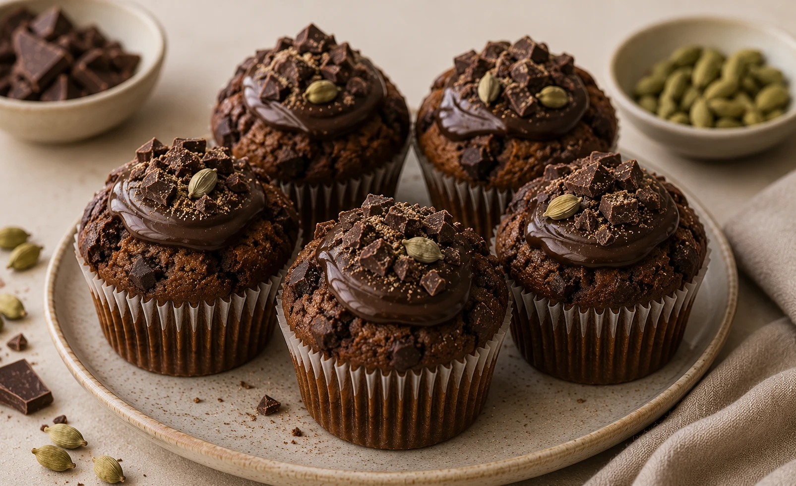Kardamom Schoko Muffins – mit dunkler Schokolade und Kardamom-Ganache