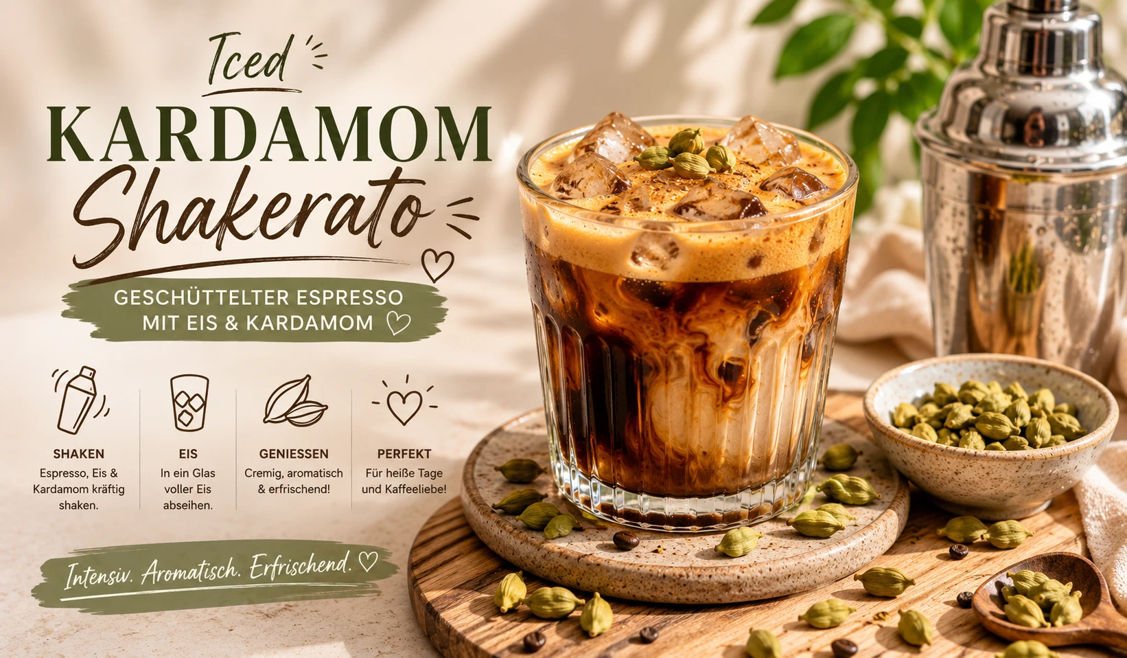 Kardamom Shakerato — cremiger Espressoschaum nach dem Shaken im Cocktailshaker