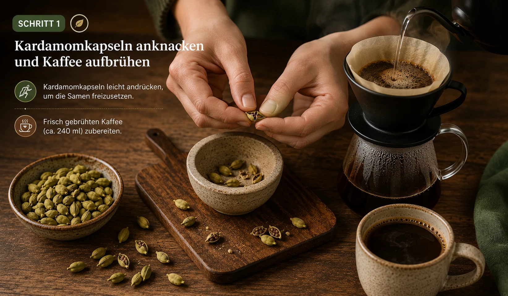 Grüne Kardamomkapseln werden mit Messerrücken angeknackst, daneben French Press mit gemahlenem Arabica-Kaffee