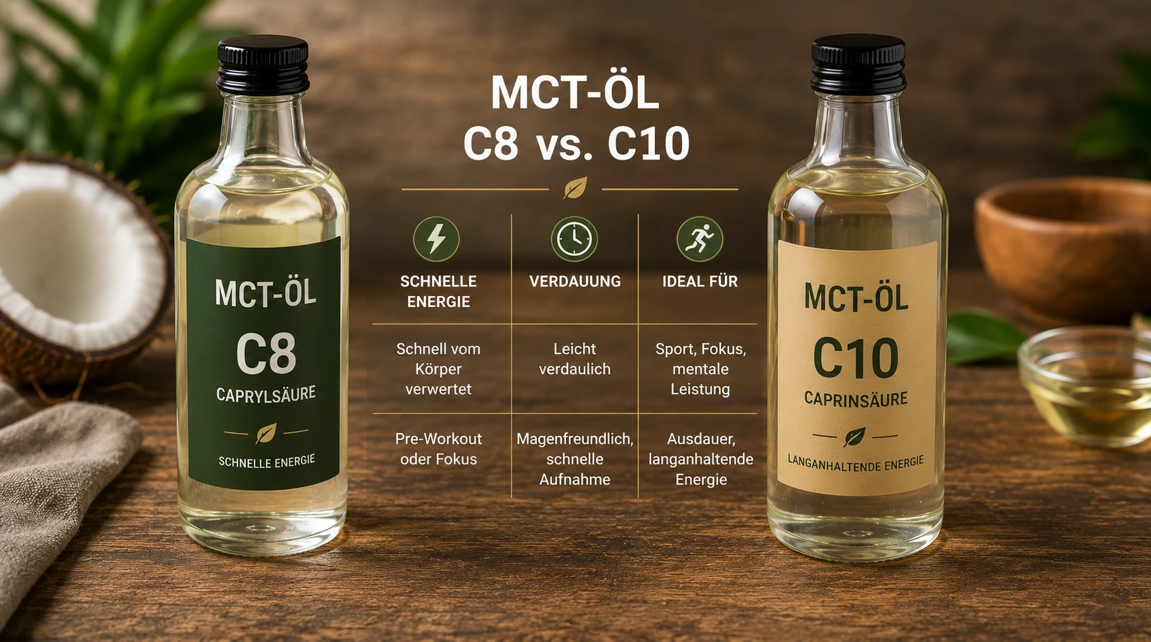 MCT-Öl Flaschen im Vergleich: C8 Caprylsäure, C10 Caprinsäure und Kokosöl für Bulletproof Kaffee