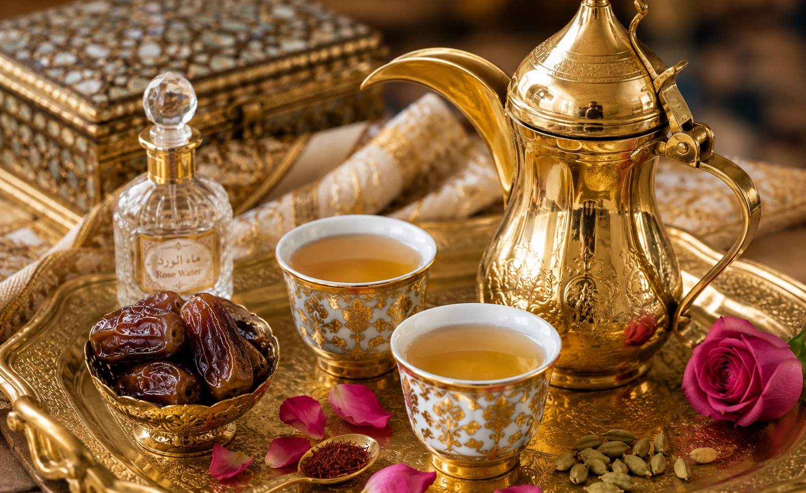 Saudischer Gahwa in Fenjan-Schalen — hell, fast weißlich-gelb