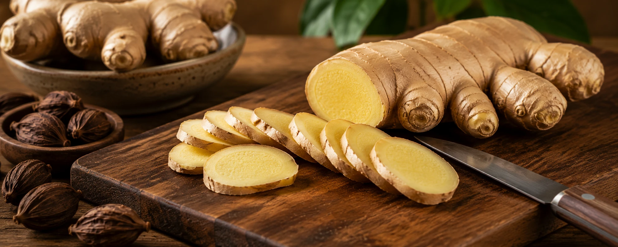 Fresh ginger root being sliced into thin coins for black cardamom ginger syrup — unpeeled, not grated