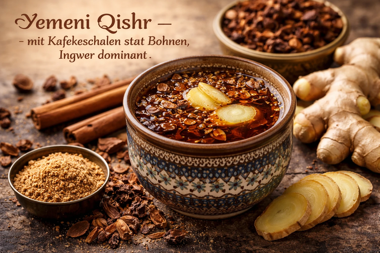 Yemeni Qishr — mit Kaffeeschalen statt Bohnen, Ingwer dominant