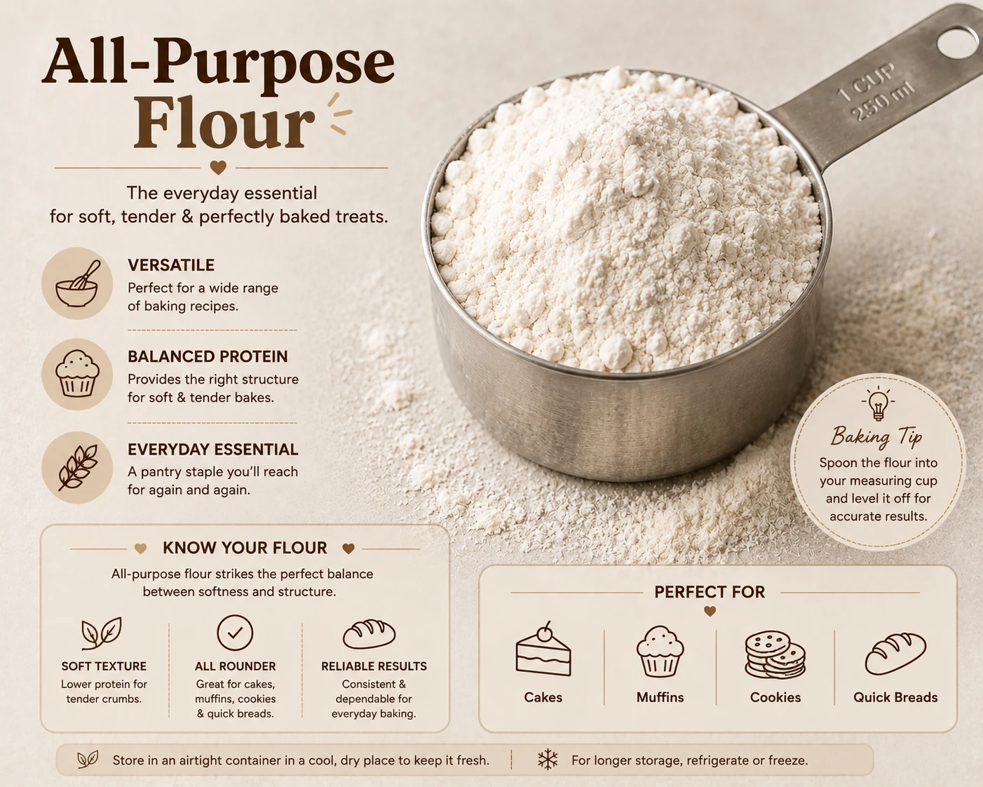 All purpose flour spooned into a measuring cup