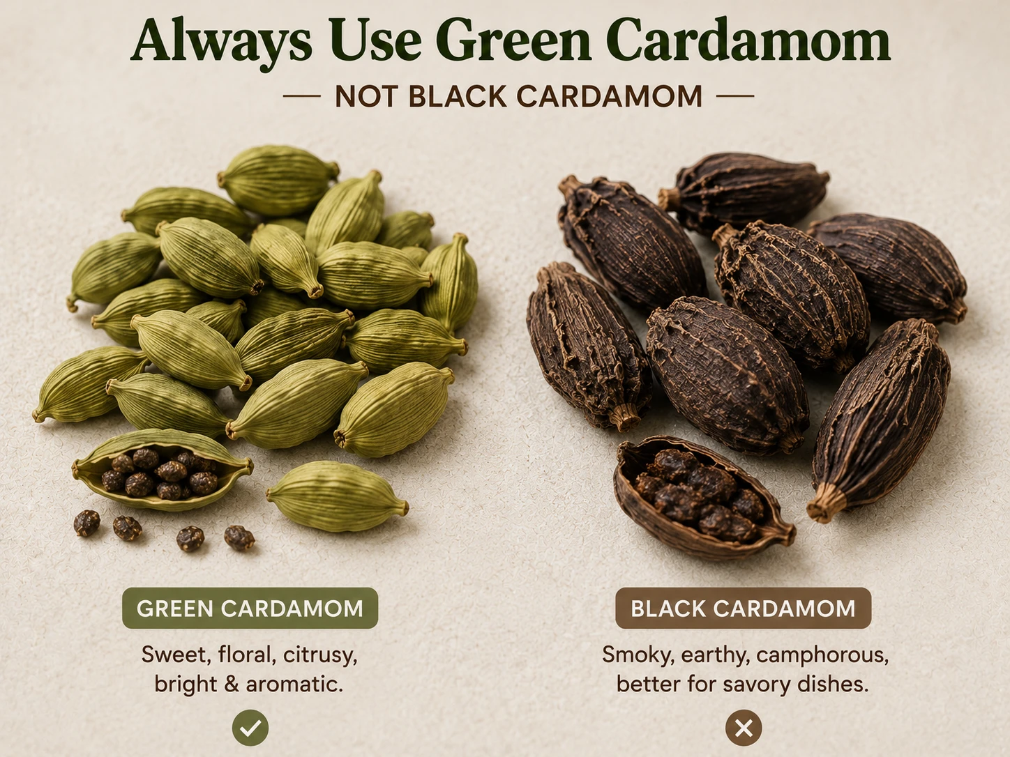 Green cardamom pods next to black cardamom pods for comparison