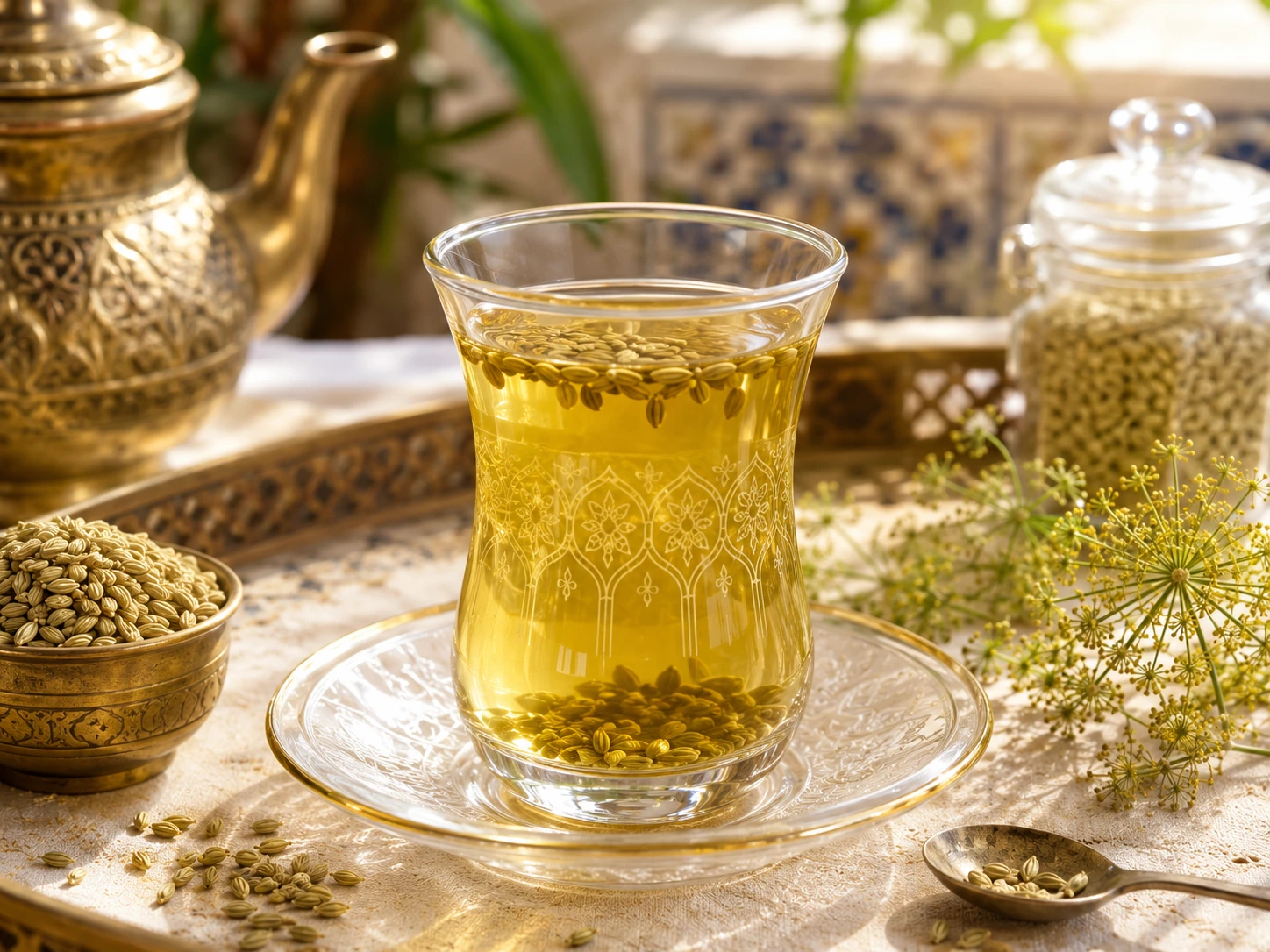Classic Arabic Shamar tea شاي الشمر in traditional glass cup with honey