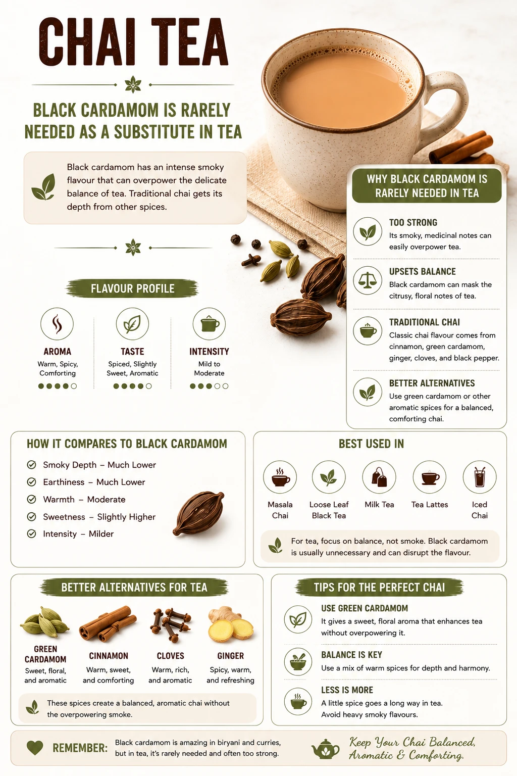 Chai tea cup — black cardamom is rarely needed as a substitute in tea