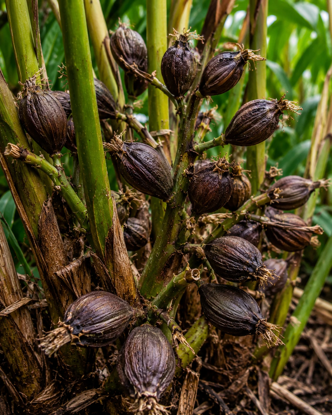 Amomum subulatum black cardamom plant with large dark seed pods