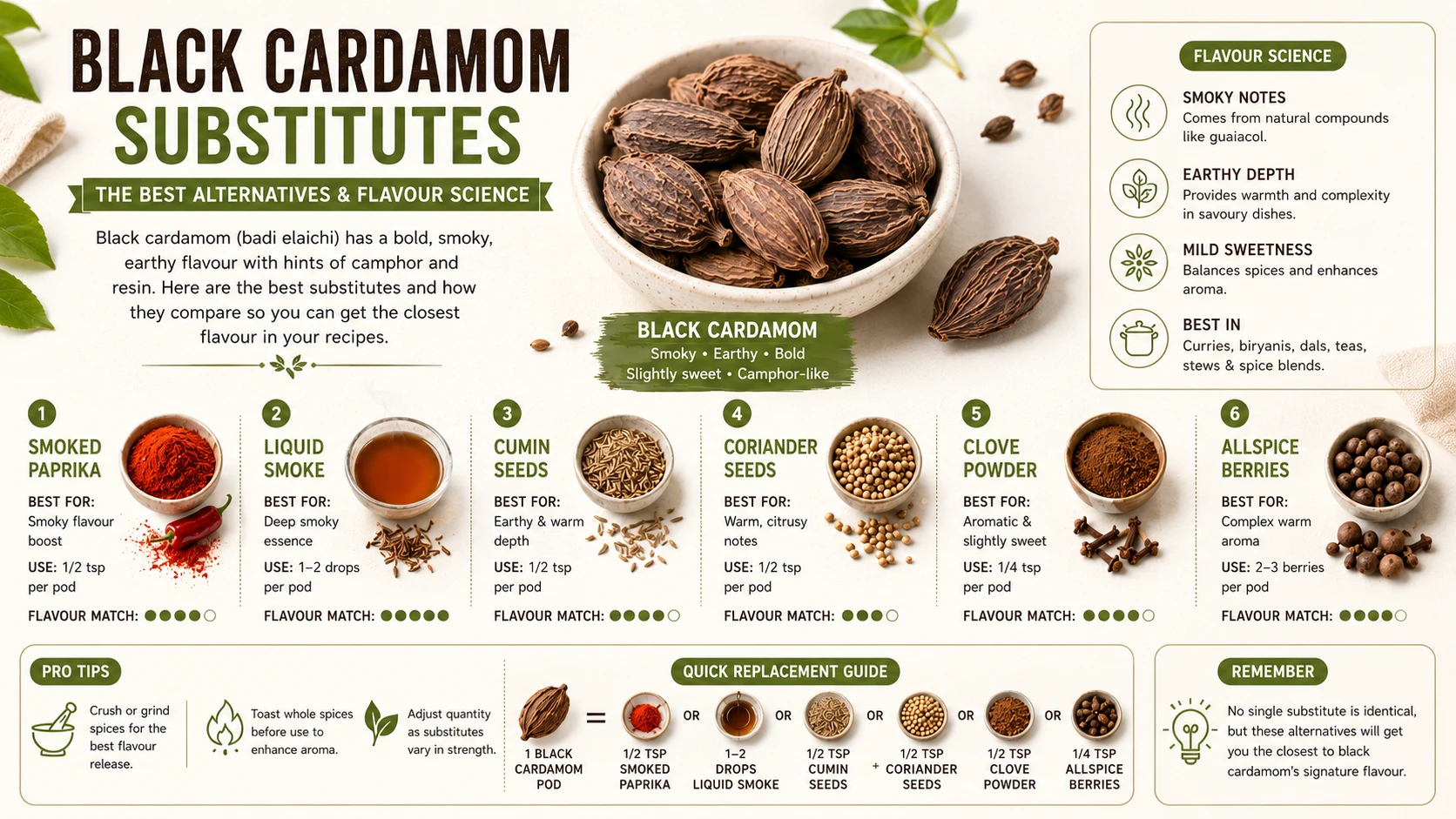 Black cardamom pods (badi elaichi) with alternative spices on dark surface — substitute guide with flavour science