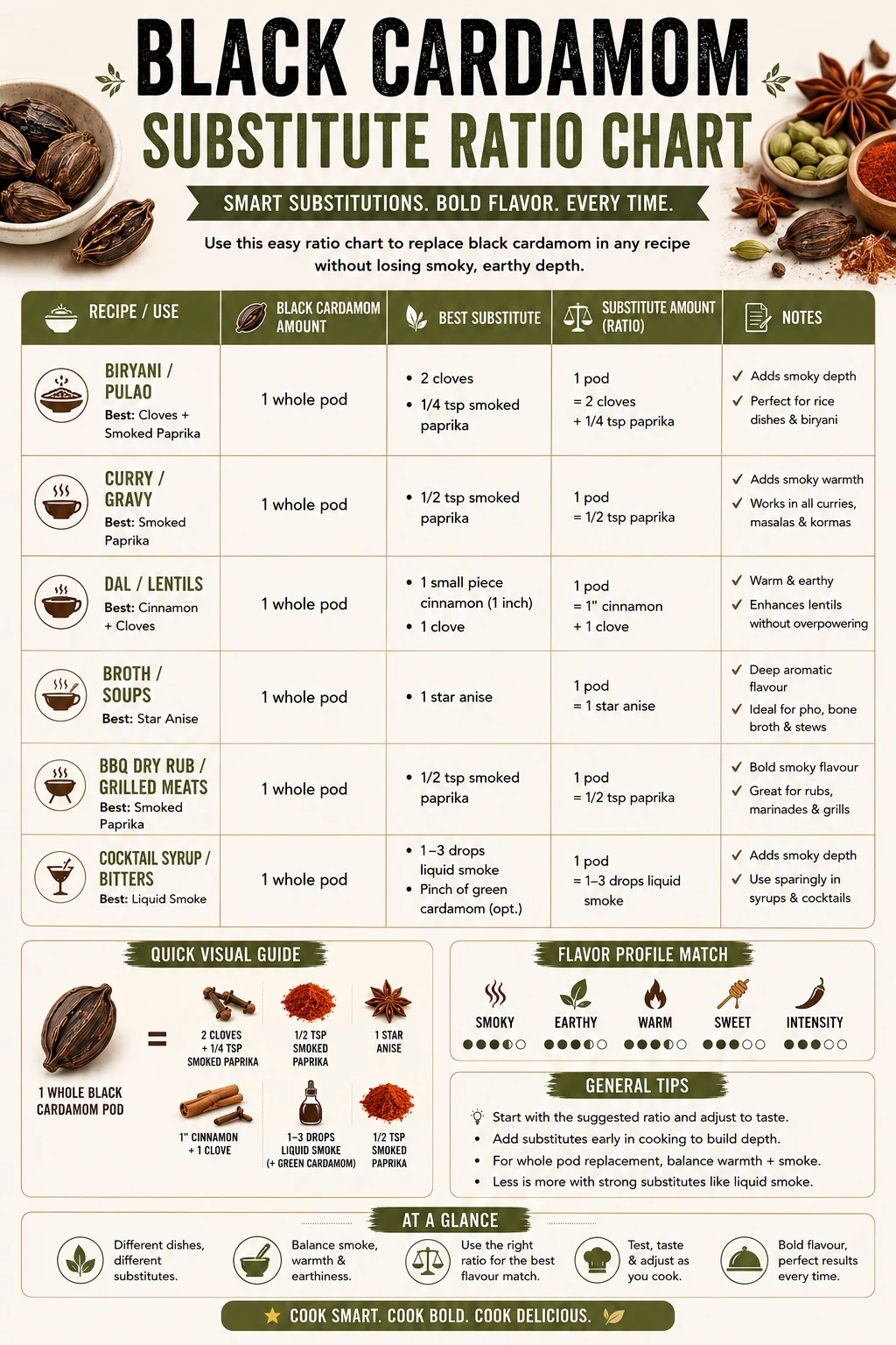 Black cardamom substitute ratio chart infographic — biryani, curry, dal, broth, BBQ rub and cocktail syrup ratios
