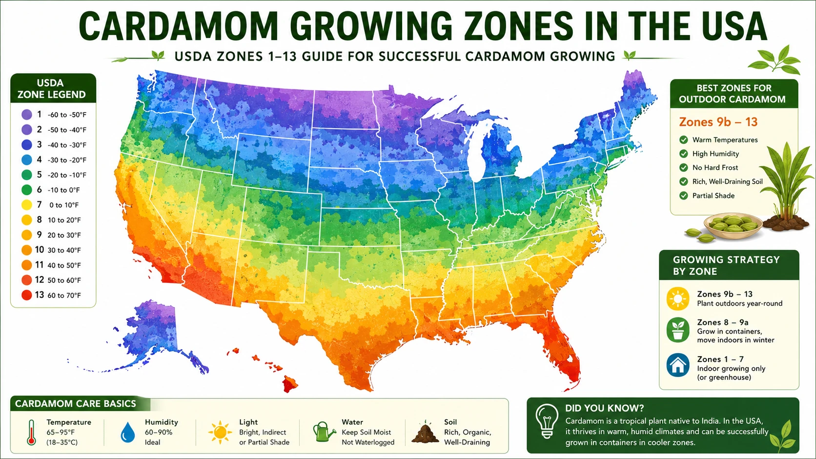 Infographic mapping USDA zones 1 to 13 across the USA for cardamom growing strategy