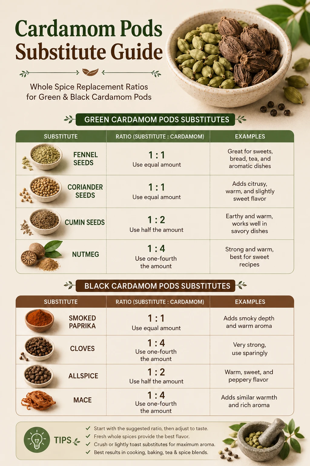 Cardamom pods substitute infographic showing whole spice replacement ratios for green and black cardamom pods