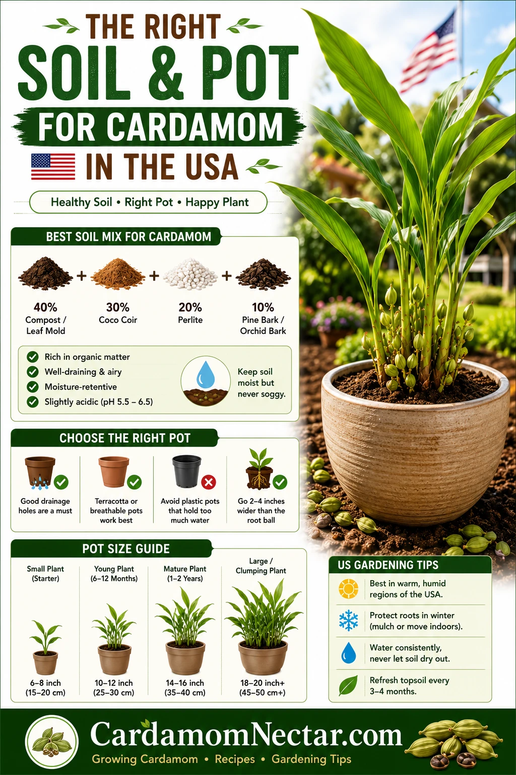 Choosing the right soil mix and pot size for cardamom in the USA