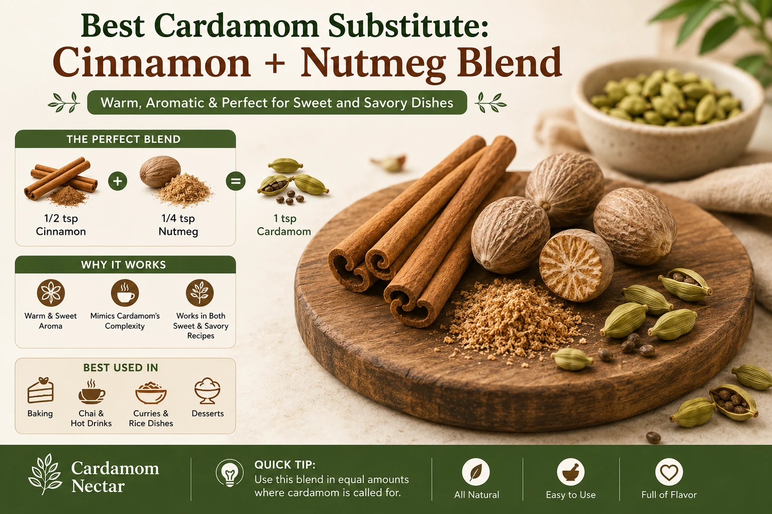 Cinnamon sticks and whole nutmeg as best cardamom substitute on wooden board