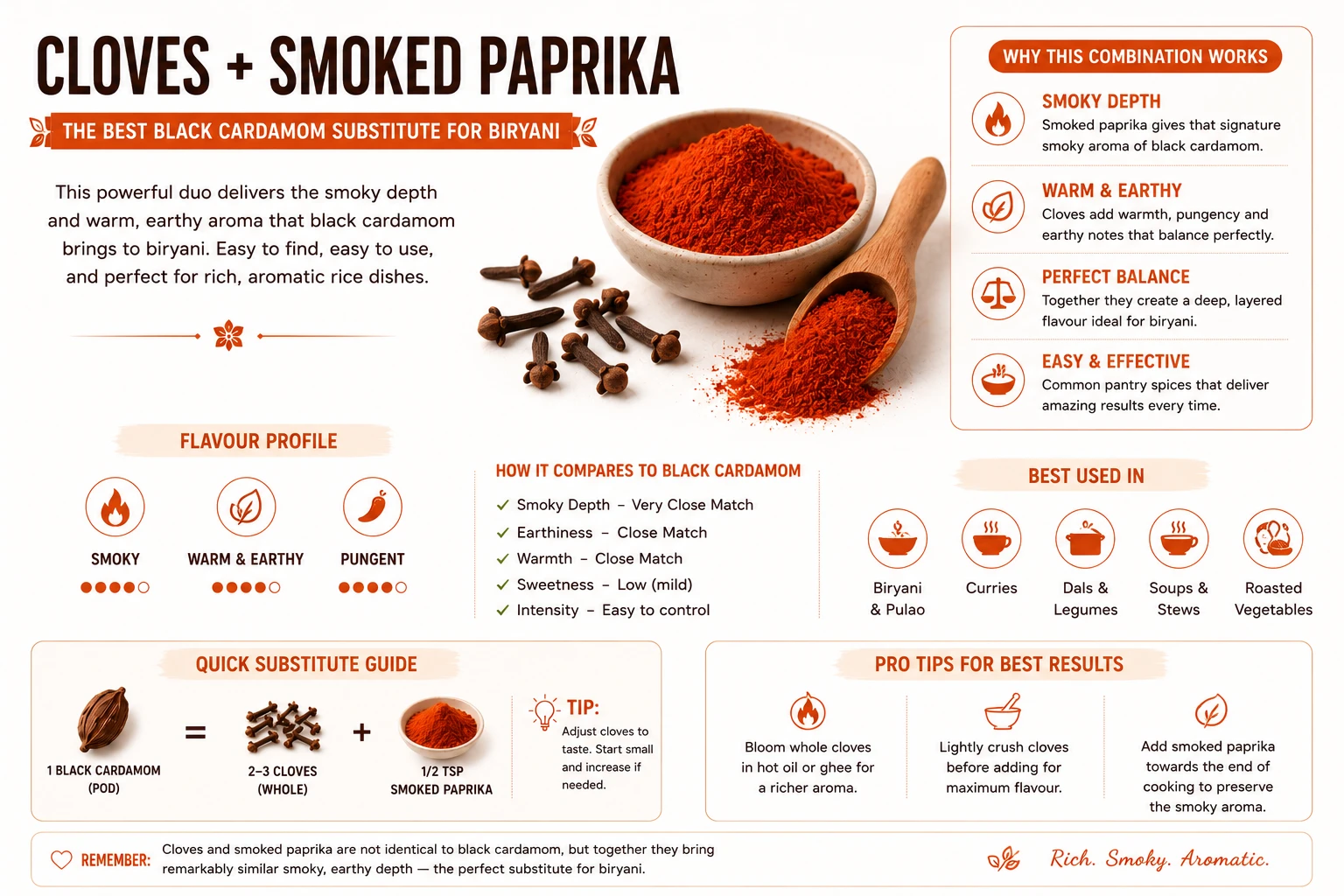 Whole cloves and smoked paprika — the best black cardamom substitute for biryani