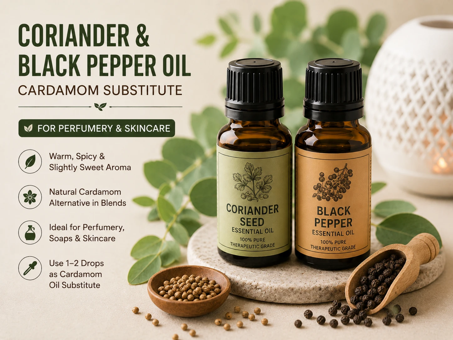 Coriander seed and black pepper essential oil used as cardamom substitute for perfumery and skincare