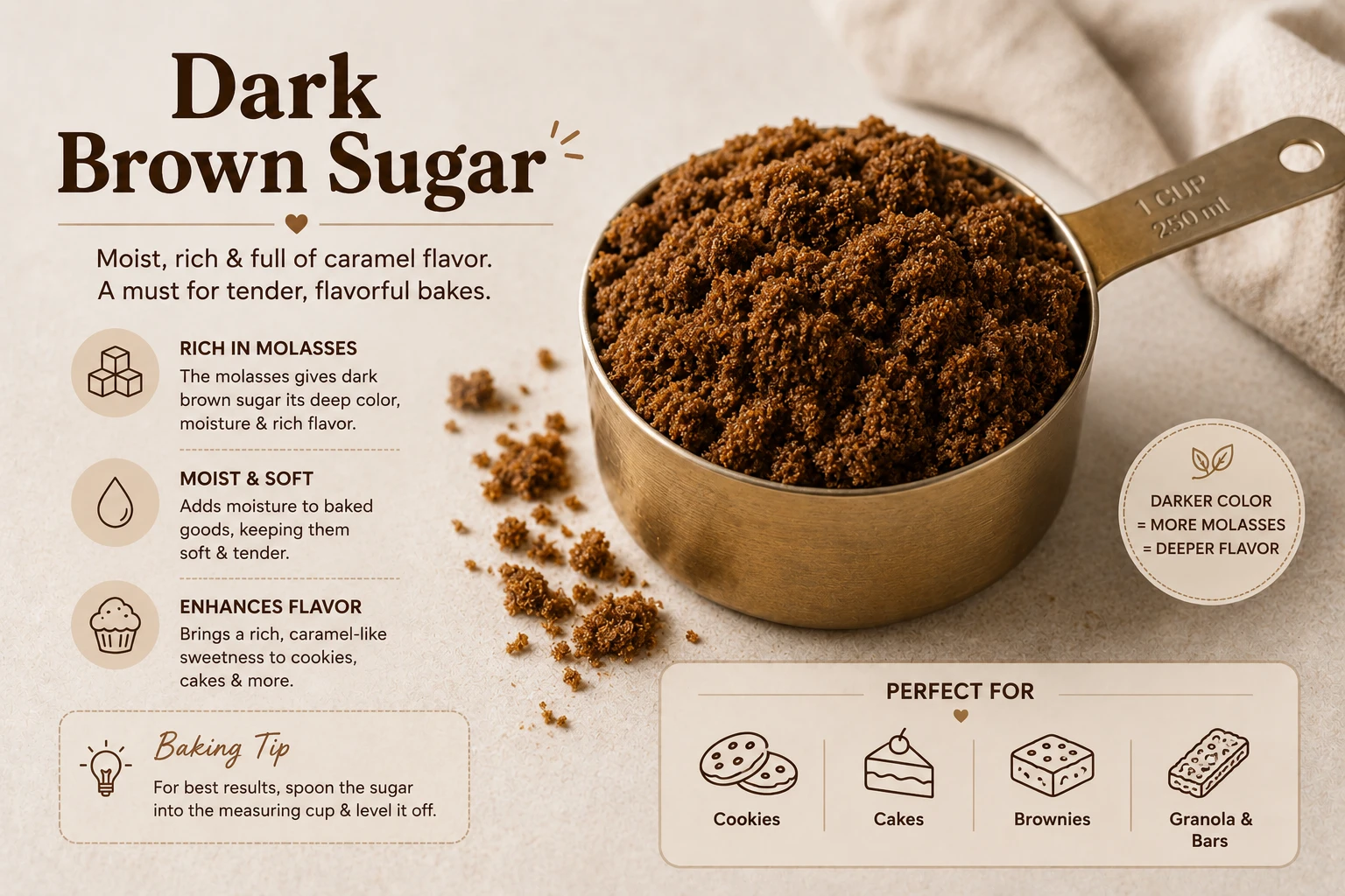 Dark brown sugar packed in a measuring cup