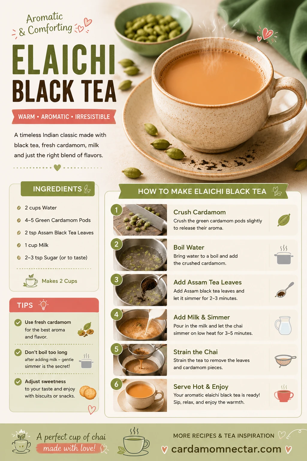 Elaichi black tea in a cup with green cardamom pods