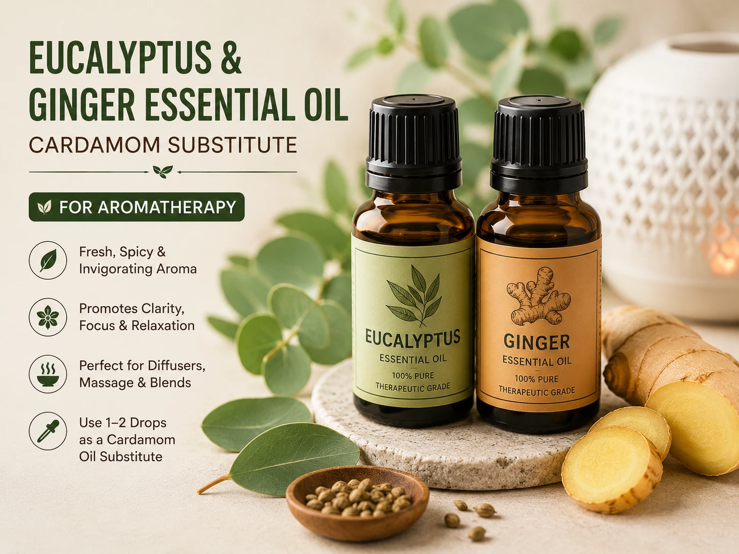 Eucalyptus and ginger essential oil bottles used as cardamom essential oil substitute for aromatherapy