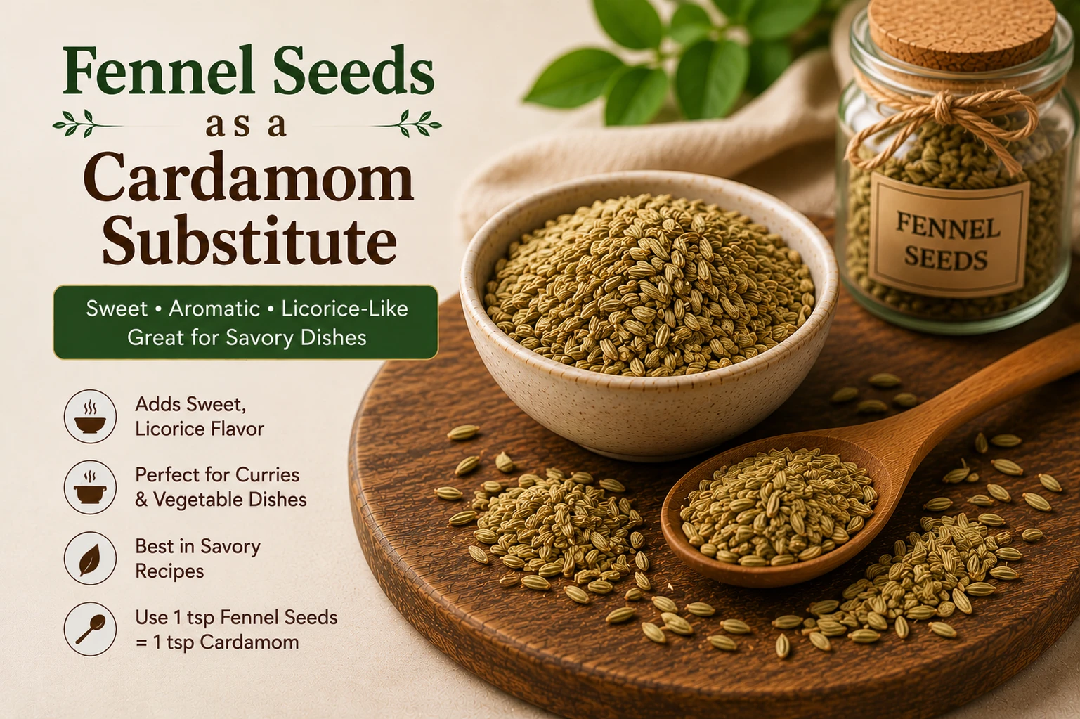 Fennel seeds with sweet licorice flavour as cardamom substitute