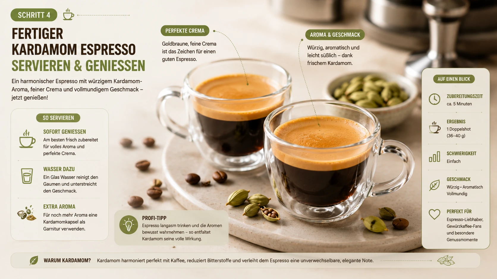 Fertiger Kardamom Espresso – zwei Shots mit goldenem Crema serviert