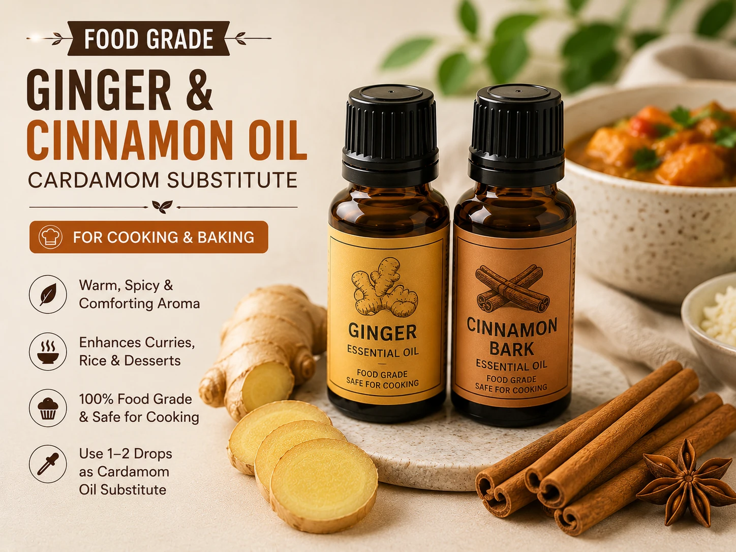 Food grade ginger and cinnamon bark essential oil used as cardamom substitute for cooking and baking