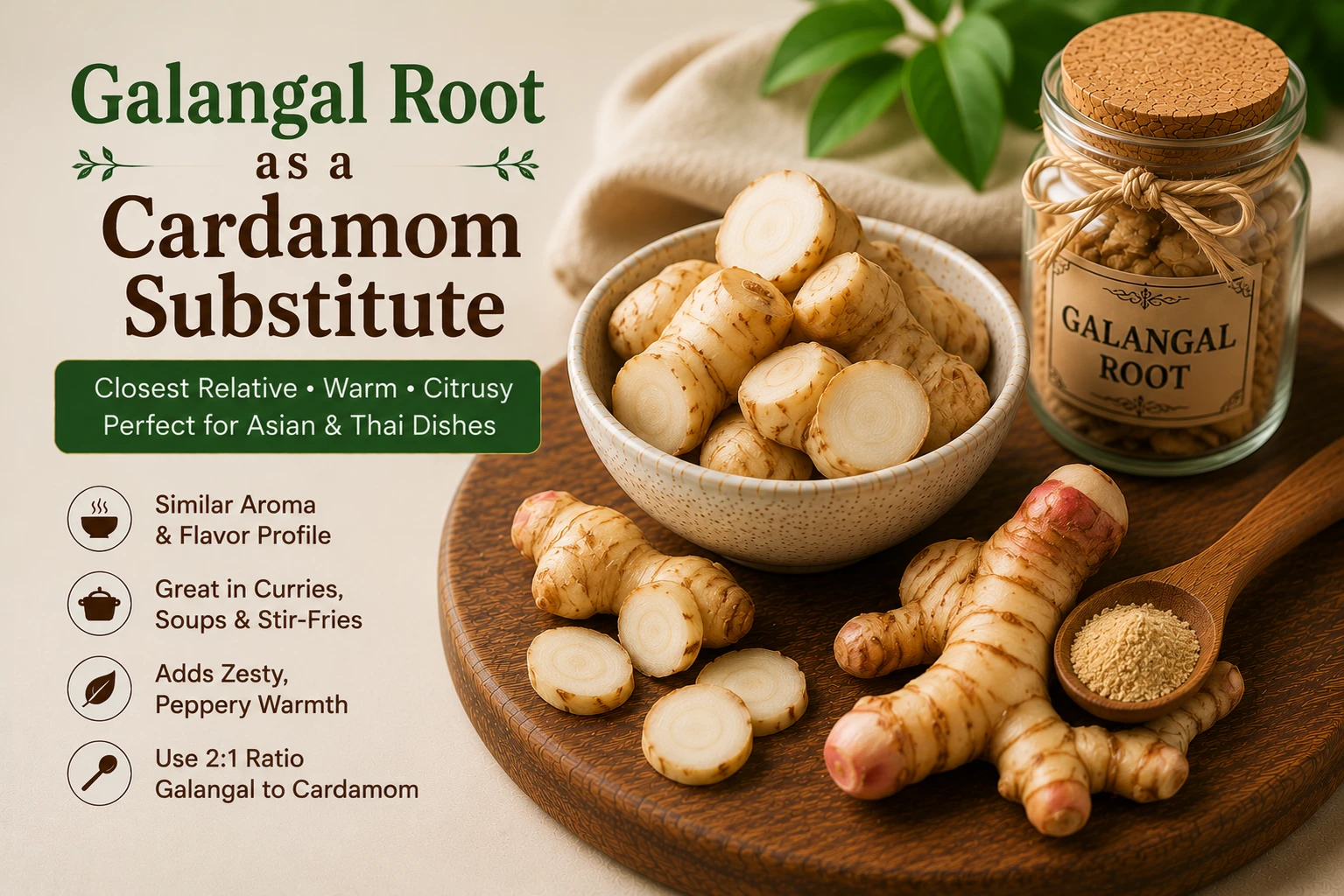 Galangal root from the ginger family as closest relative cardamom substitute