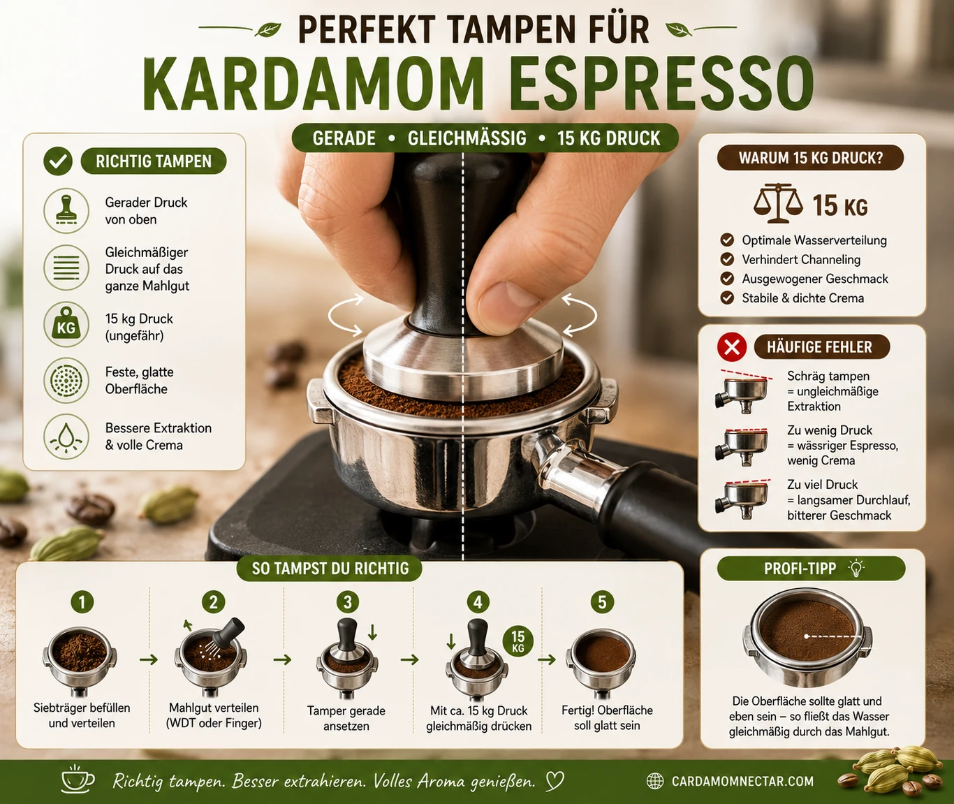 Gleichmäßiges gerades Tampen des Kardamom-Espresso-Mahlguts mit 15 Kilogramm Druck