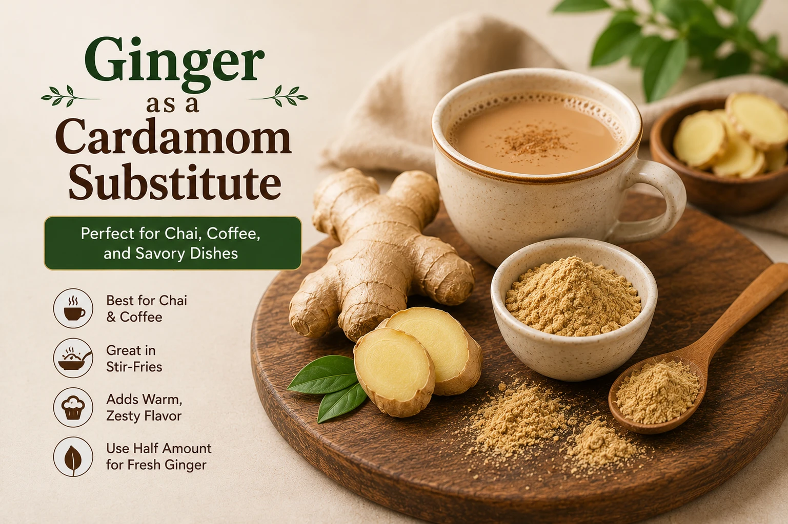 Fresh ginger root and ground ginger as cardamom substitute for chai and coffee