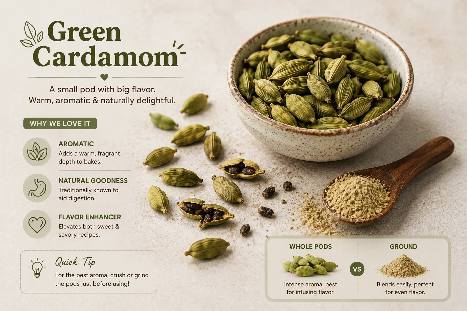 Whole green cardamom pods and freshly ground powder