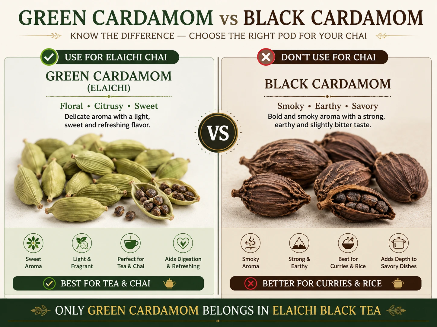 Green cardamom pods next to black cardamom pods for comparison