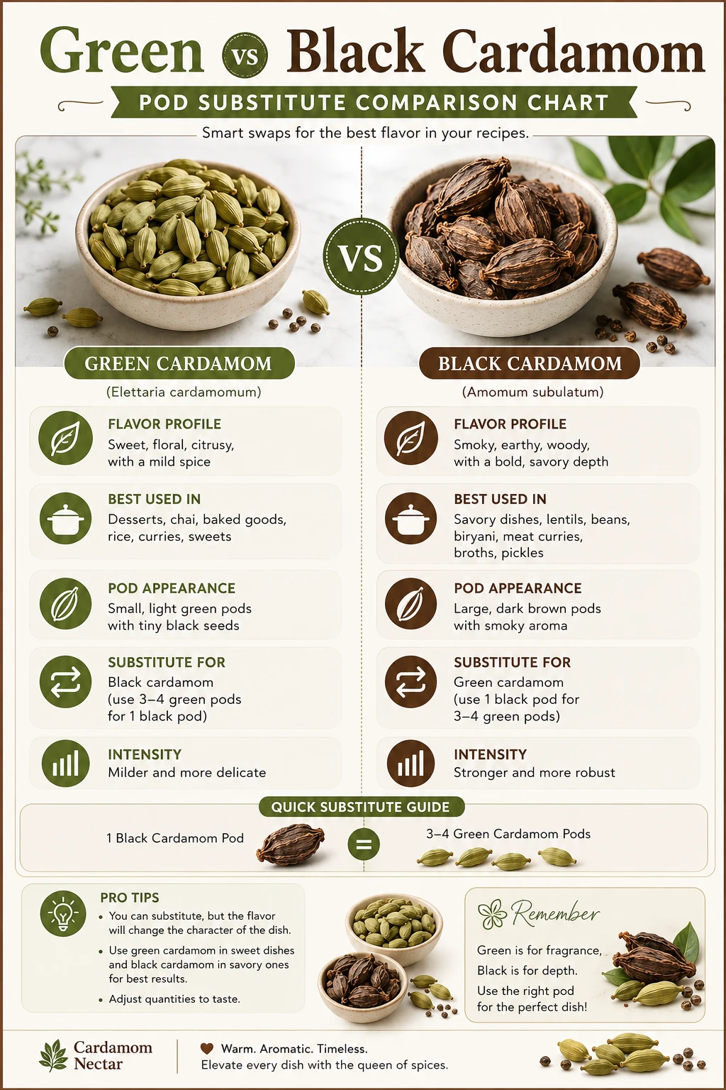 Green cardamom pod substitute vs black cardamom pod substitute side by side comparison chart
